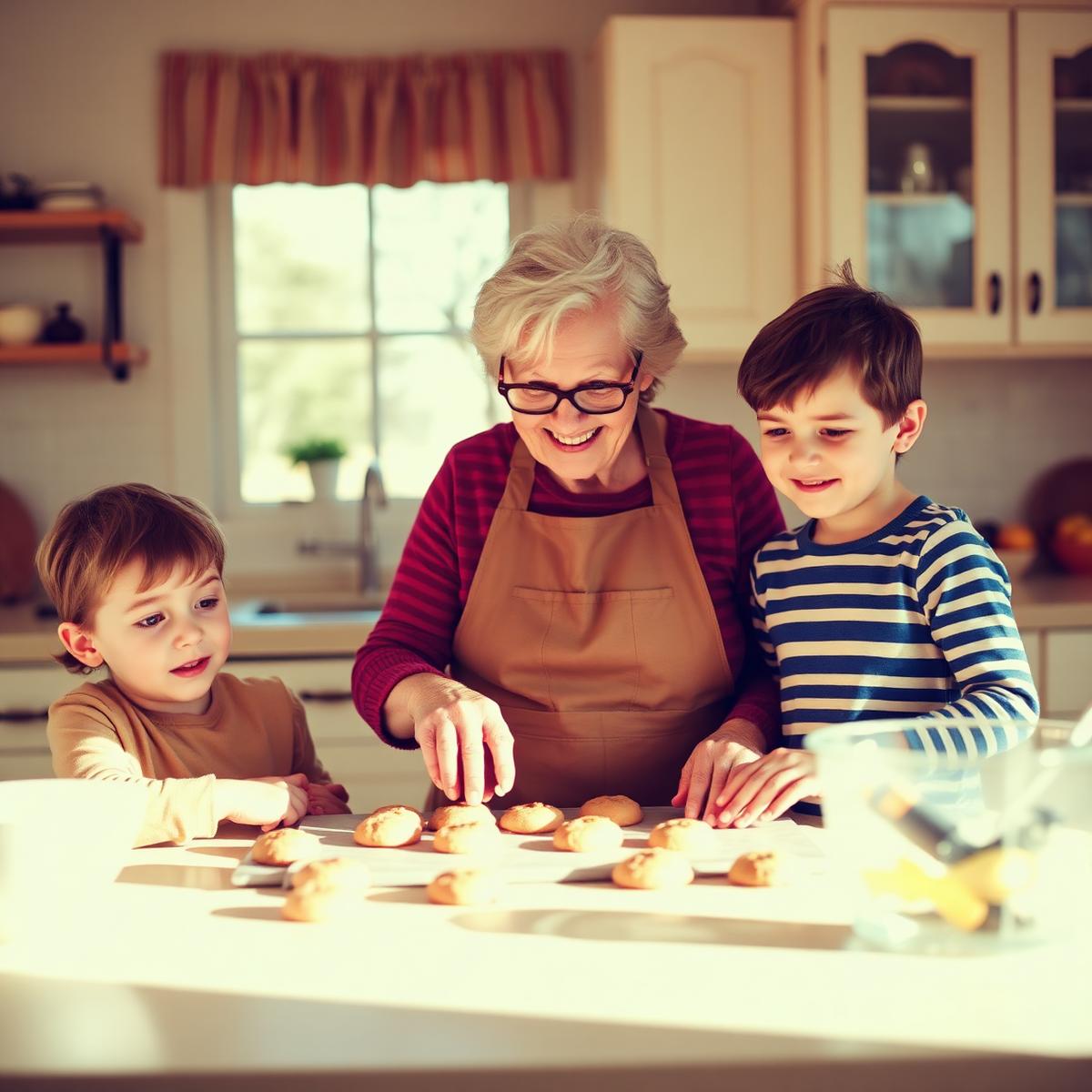 A grandmother baking cookies with two grandchildren