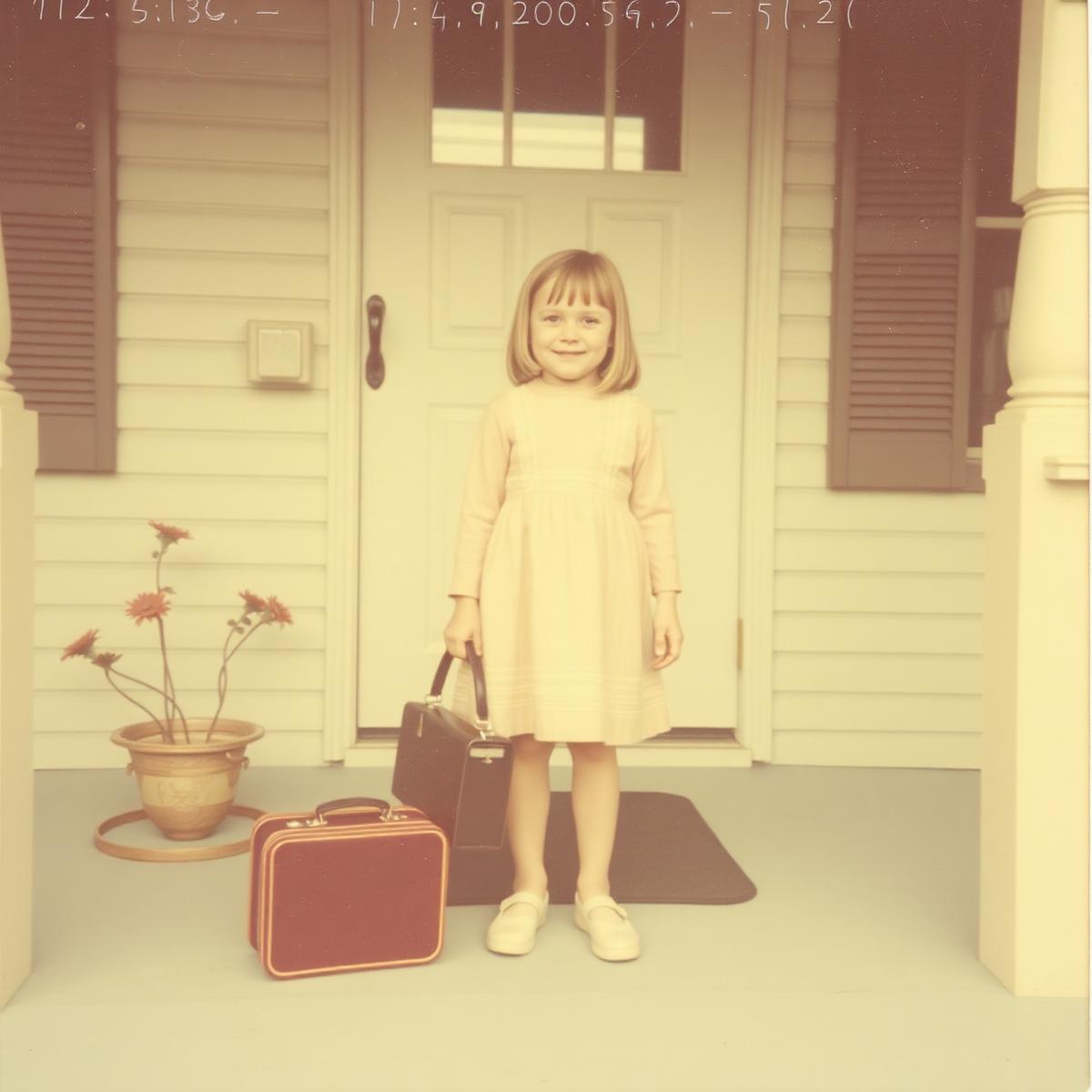 A young girl on a porch holding a lunchbox